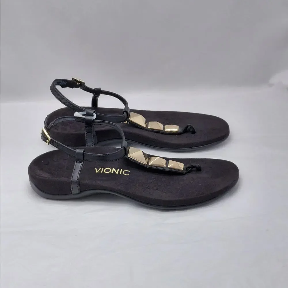 Vionic Womens Thong Sandals Size 9 Black Gold Studded T Strap Comfort Shoes